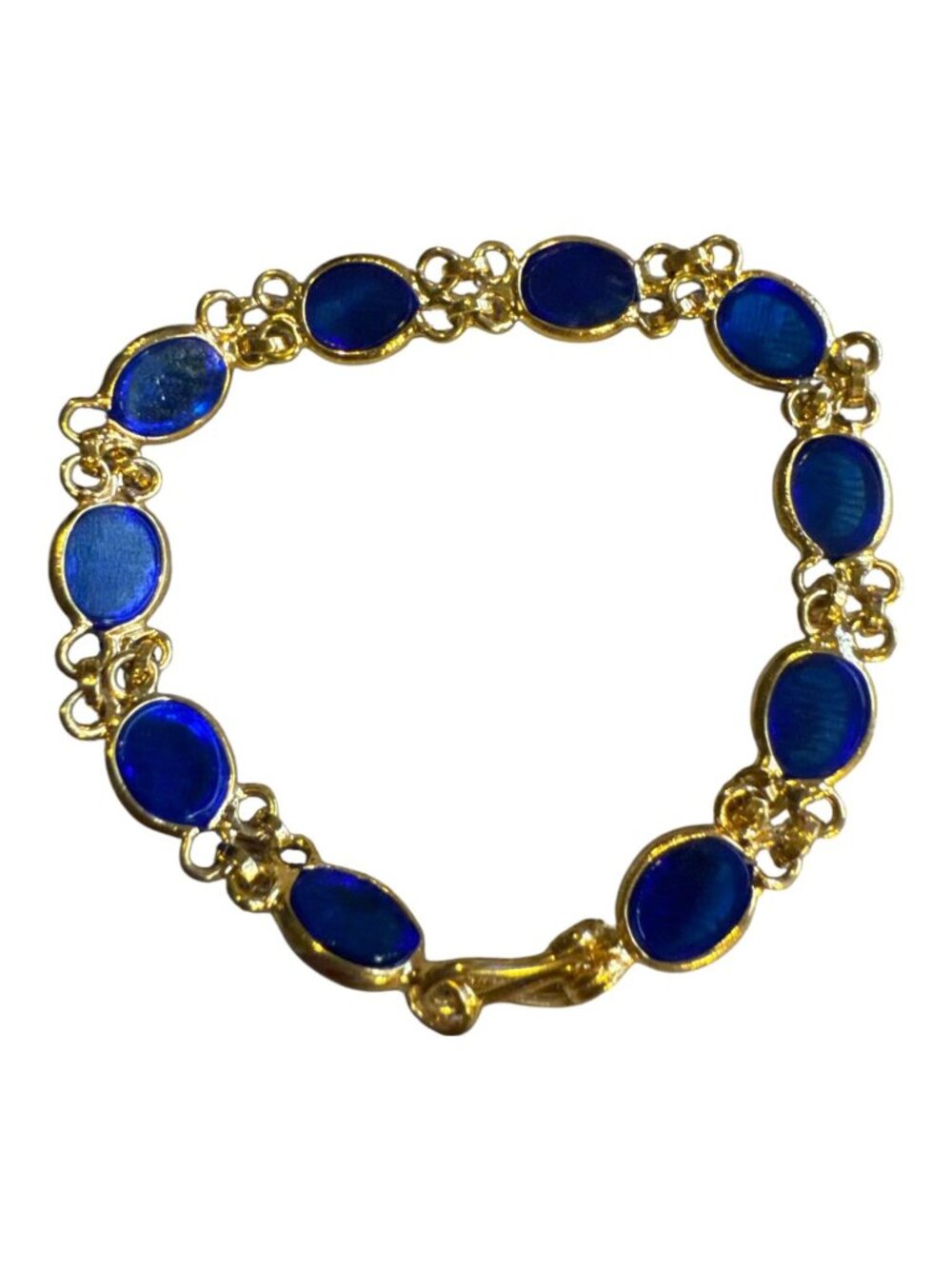 Gold Tone Blue Oval Gemstone Bracelet Vintage Style Link Design Hook Clasp 6 Inc
